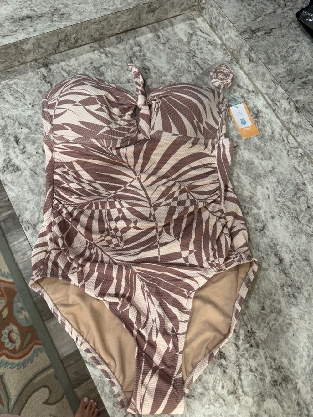 Kona Sol Pink and Cream Palm-Print One-Piece Swimsuit